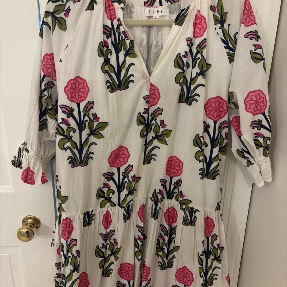 THML White Tiered Midi Dress with Pink Floral & Olive Leaves